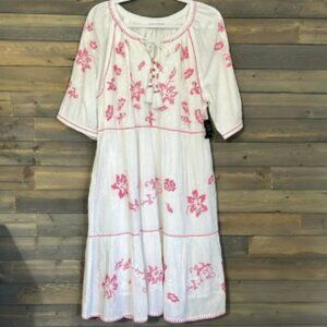 New John Mark Embroidered Boho Dress Size L White with Pink Embroidery